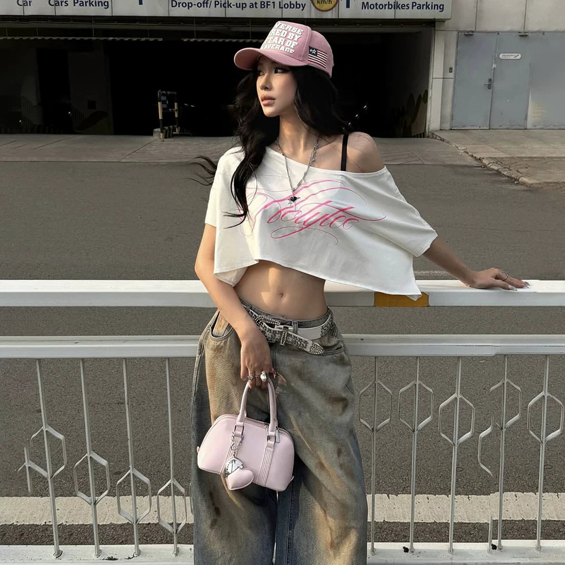Letter Print One-Shoulder Crop Top - White [54RJQET1]