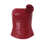 PU Leather Floral Skirt Set - Red Tube Top [UX76UO59]
