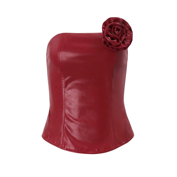 PU Leather Floral Skirt Set - Red Tube Top [UX76UO59]
