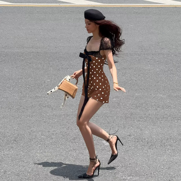 Polka Dot Bow Mini Dress - Brown [AS1SQBGS]