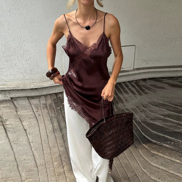 Lace Splicing Satin Irregular Camisole - Coffee [N6CV8M92]