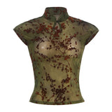 Printed Mesh Mock Neck Top - Green [F38OXIX8]