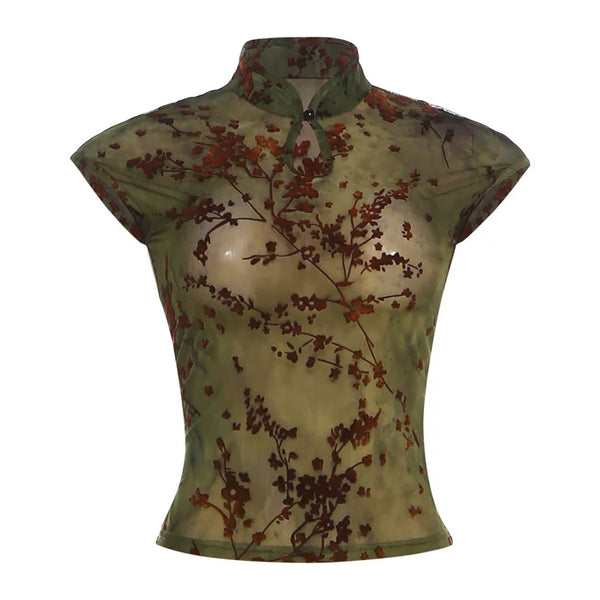 Printed Mesh Mock Neck Top - Green [F38OXIX8]