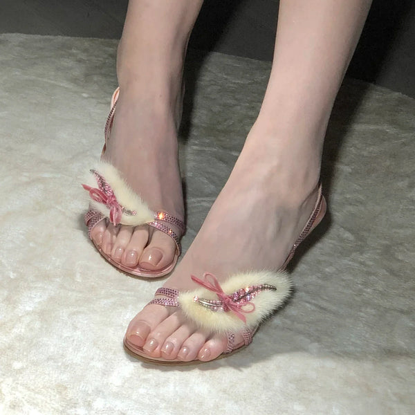 Rhinestone Furry Stiletto Sandals - Pink [2ERLGG2U]