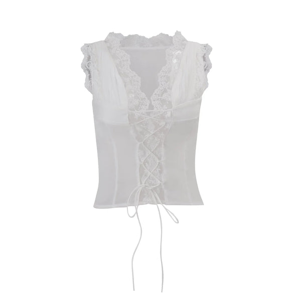 Lace Patchwork Two-Piece Skirt Set - White Top [3MD60LC2]