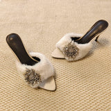 Rhinestone Buckle Furry Stiletto Mules - Cream (7 cm Heel) [XGX8WPBY]