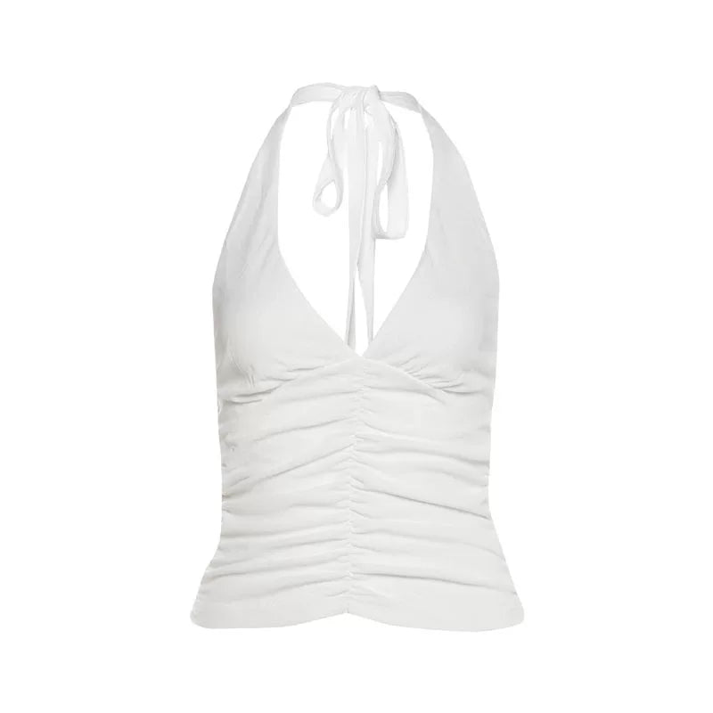 Pleated V-Neck Two-Piece Short Set - White Top [OS13P567]