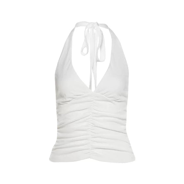 Pleated V-Neck Two-Piece Short Set - White Top [OS13P567]