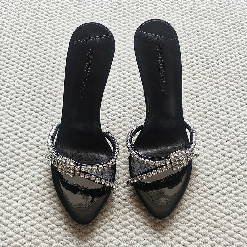 Rhinestone Strap Stiletto Sandals - Black (7 cm heel) [VEDXJWIN]