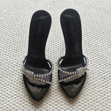 Rhinestone Strap Stiletto Sandals - Black (7 cm heel) [VEDXJWIN]
