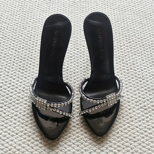 Rhinestone Strap Stiletto Sandals - Black (7 cm heel) [VEDXJWIN]