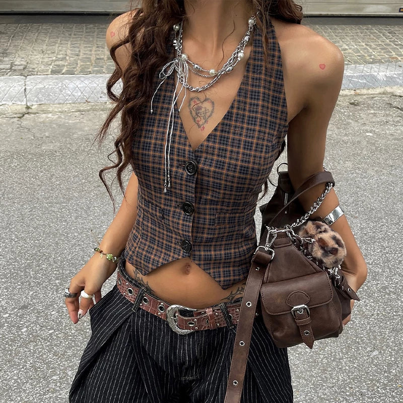 Plaid Button Halter Top - Deep Brown [H1IH9980]