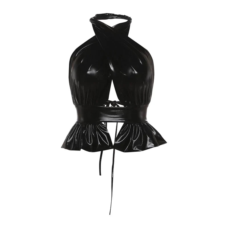 Cross-Neck Hollow-Out Halter Top - Black [WAR2C23I]