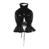 Cross-Neck Hollow-Out Halter Top - Black [WAR2C23I]
