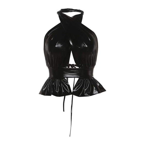 Cross-Neck Hollow-Out Halter Top - Black [WAR2C23I]