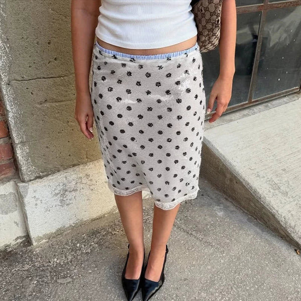 Sequin Polka Dot Midi Skirt - White [OGKIKDTR]