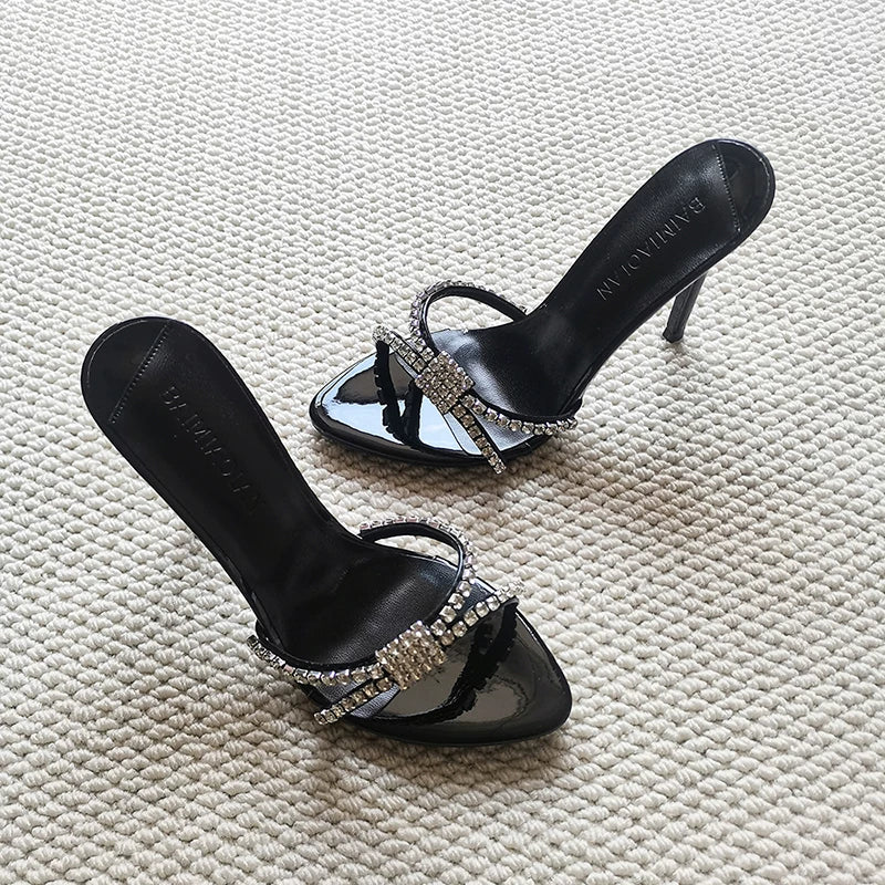 Rhinestone Strap Stiletto Sandals - Black (9 cm heel) [TKG16VEI]