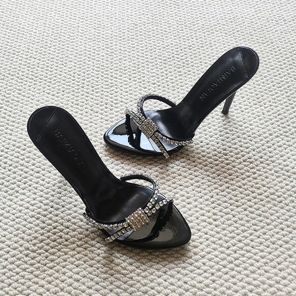 Rhinestone Strap Stiletto Sandals - Black (9 cm heel) [TKG16VEI]