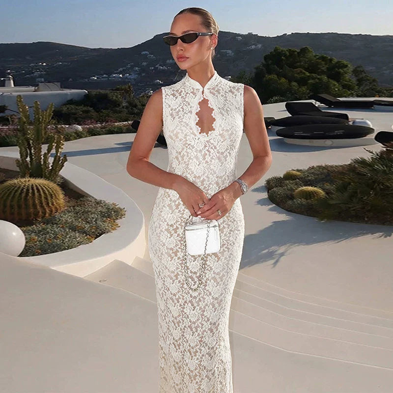 Lace Slit Maxi Dress - White [WZNSRQ7G]