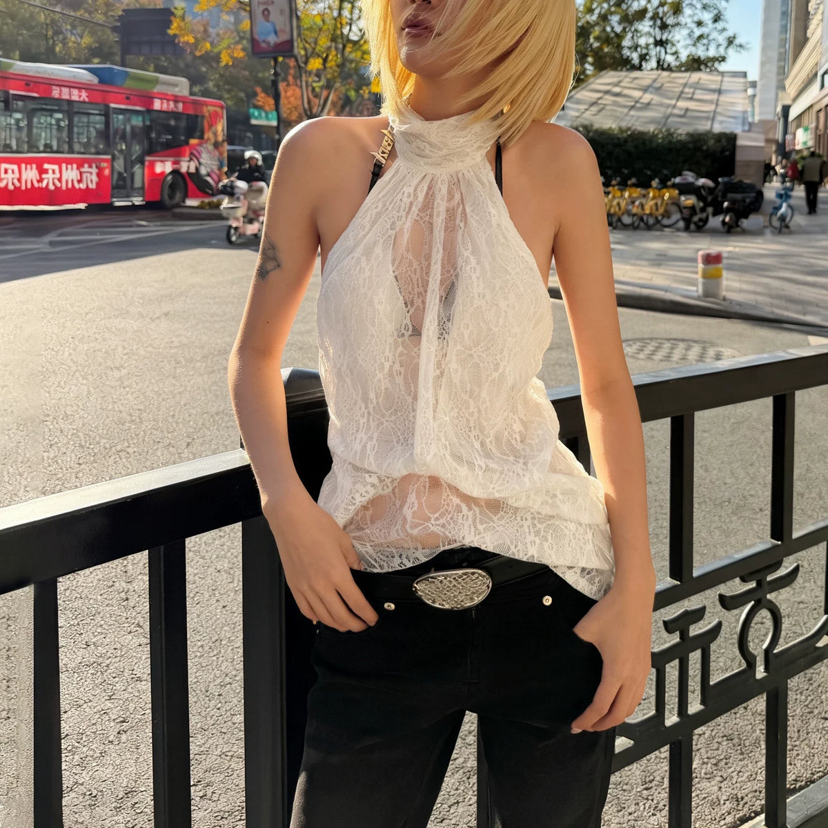 Lace Halter Neck Backless Top