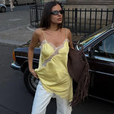 Lace Splicing Satin Irregular Camisole - Yellow [IK1HA9DE]