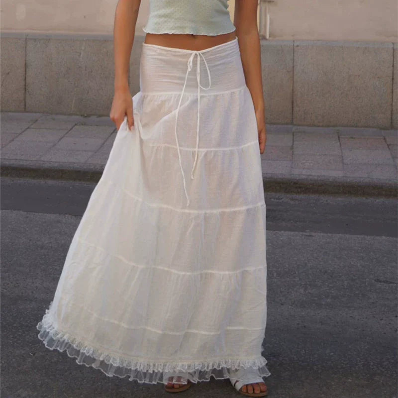 Ruffled Lace Trim Midi Skirt Set - White Midi Skirt [3LV4A2SY]