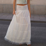Ruffled Lace Trim Midi Skirt Set - White Midi Skirt [3LV4A2SY]
