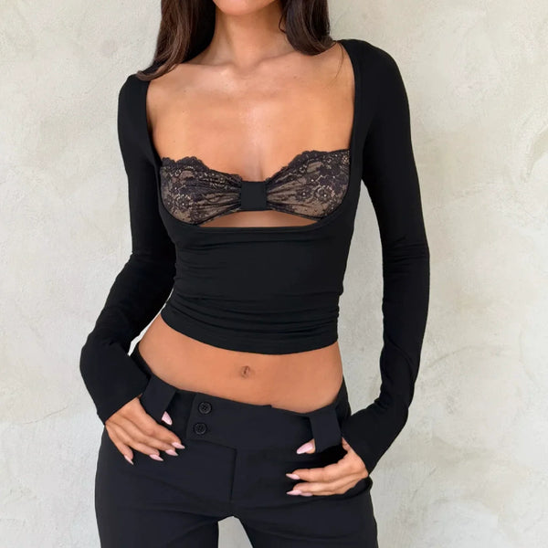 Lace Bow Hollow-Out Long-Sleeve Top