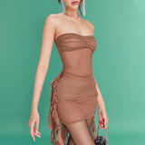 Rhinestone Mesh Strapless Mini Dress - Dark Brown [C1A61F4H]