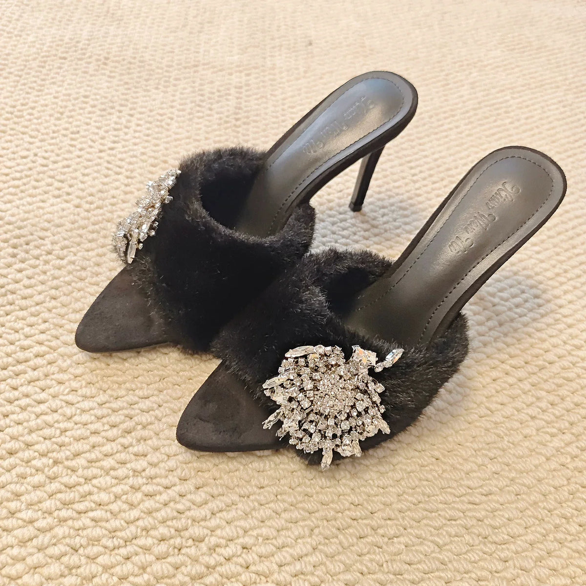 Rhinestone Buckle Furry Stiletto Mules - Black [3C8L79U4]