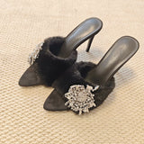 Rhinestone Buckle Furry Stiletto Mules - Black [3C8L79U4]