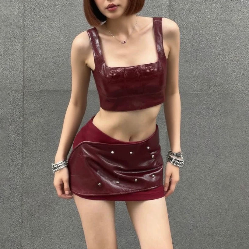 Studded PU Leather Skirt Set - Red [LKTX6FEB]