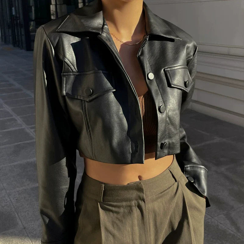 Cropped PU Leather Biker Jacket - Black [Z8C49RMP]
