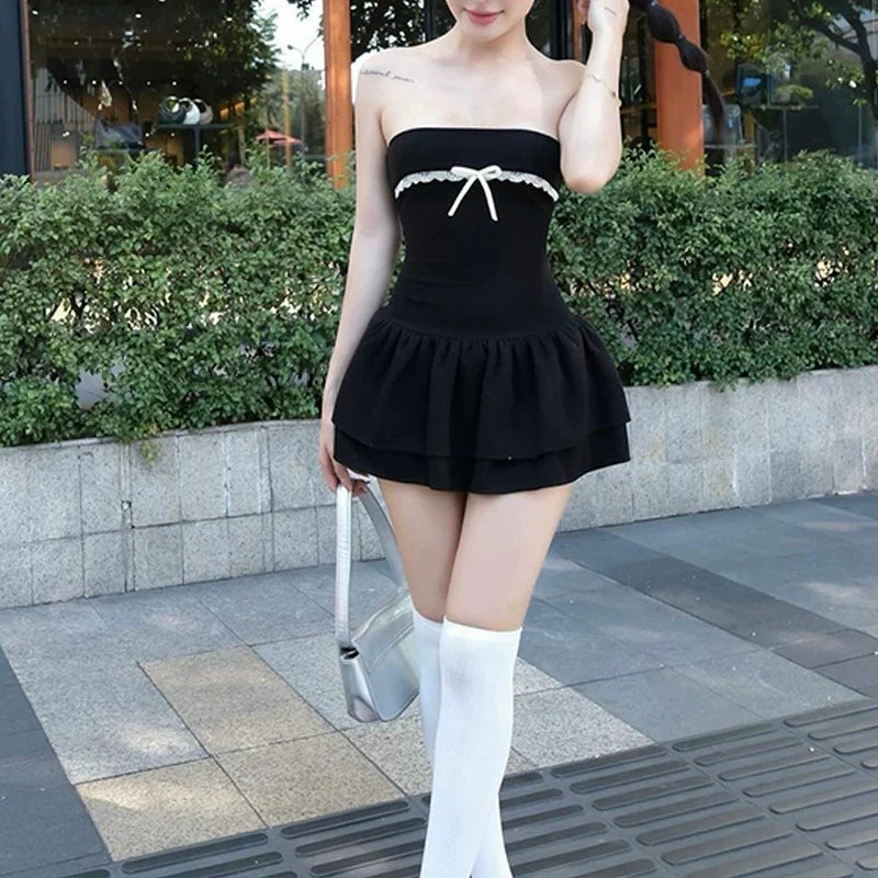 Tiered Lace Mini Dress - Black [7J17QUDM]