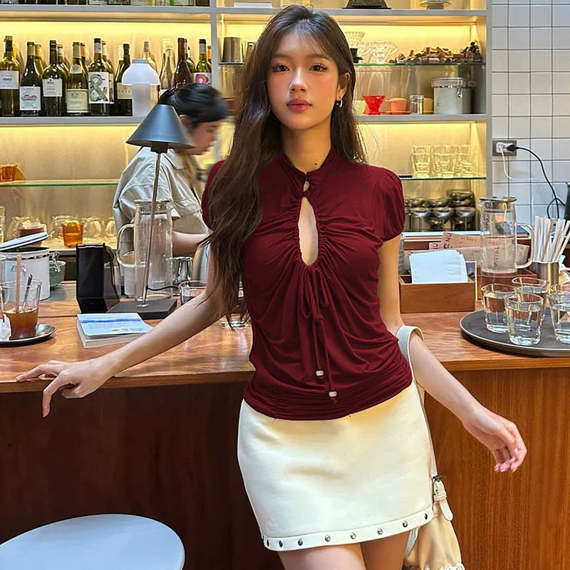 Ruched Cut-Out Short Sleeve Top - Wine Red [NFIZ3MCS]
