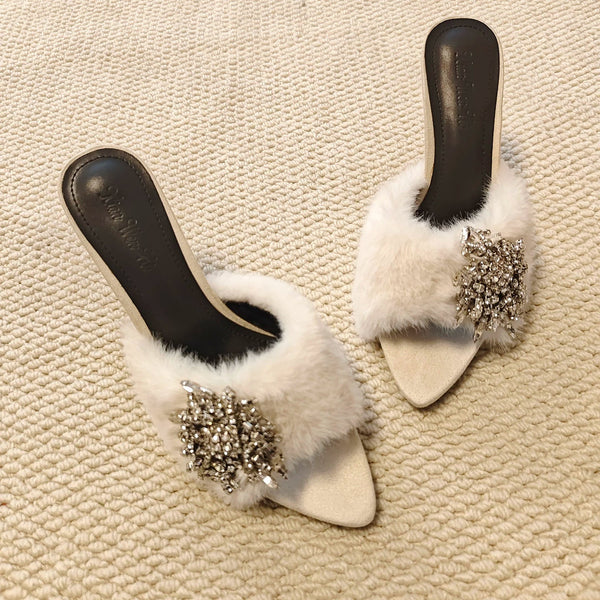 Rhinestone Buckle Furry Stiletto Mules - Cream [L4PKFH7F]