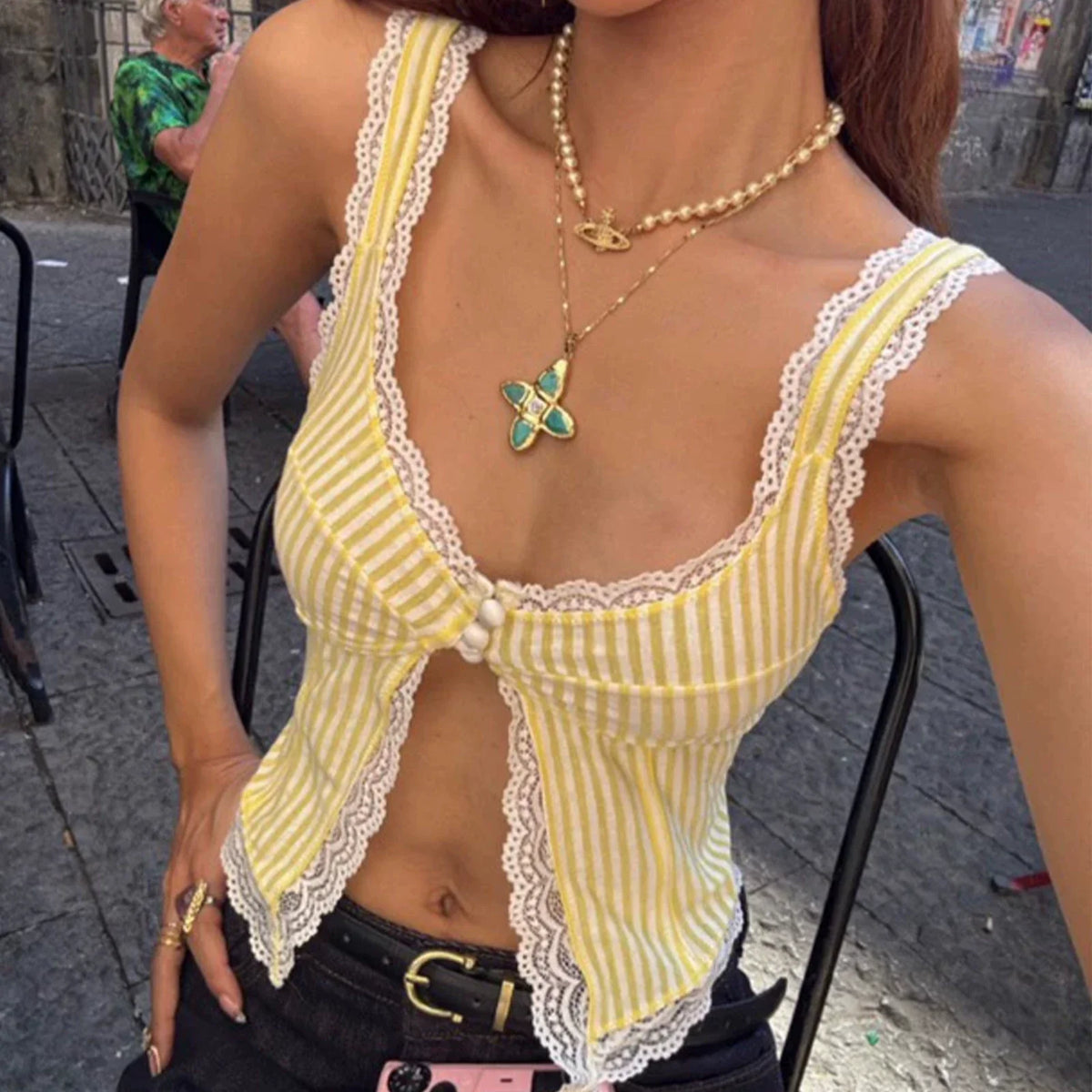 Lace Trim Striped Cami Top - Yellow [WYRPLZZZ]