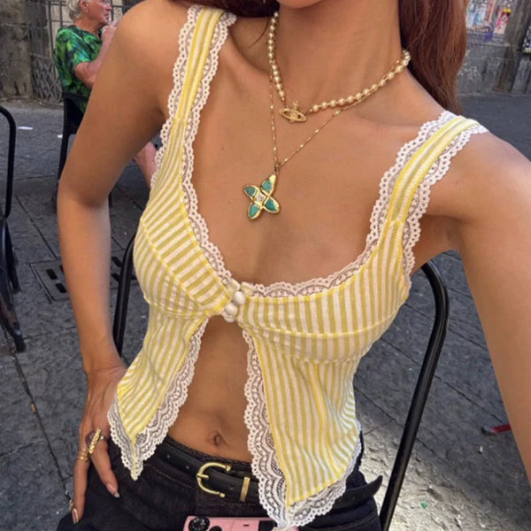 Lace Trim Striped Cami Top - Yellow [WYRPLZZZ]