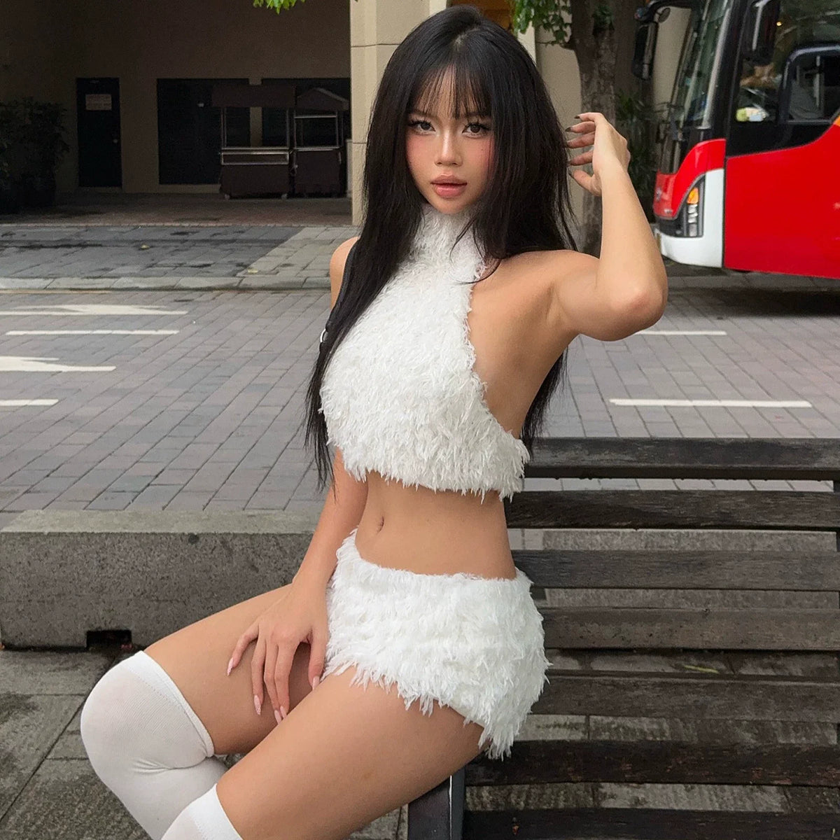 Plush Halter Neck Short Set - White [TPO3LC8C]