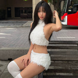 Plush Halter Neck Short Set - White [TPO3LC8C]