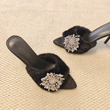 Rhinestone Buckle Furry Stiletto Mules - Black (7 cm Heel) [05LJA7IV]