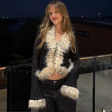 Fur Collar Patchwork Cardigan Top - Multicolor [HXIHLPEP]