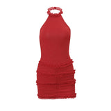 Rhinestone Backless Halter Mini Dress - Red [LWH1JPZD]