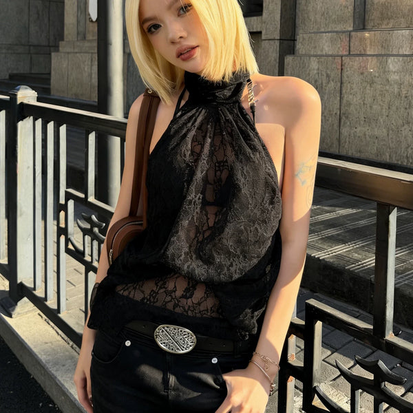 Lace Halter Neck Backless Top
