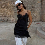 Lace Splicing Satin Irregular Camisole - Black [BV9KB74T]
