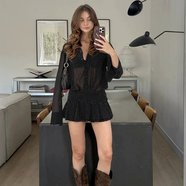 Polka Dot Long Sleeve Mini Dress - Black [JX7PITIT]