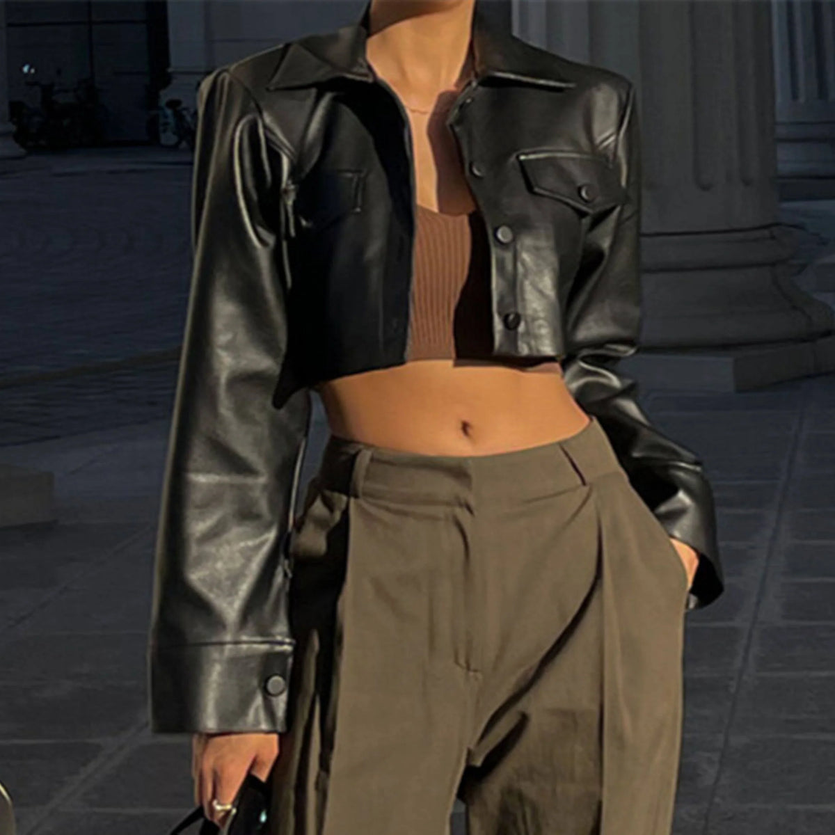 Cropped PU Leather Biker Jacket