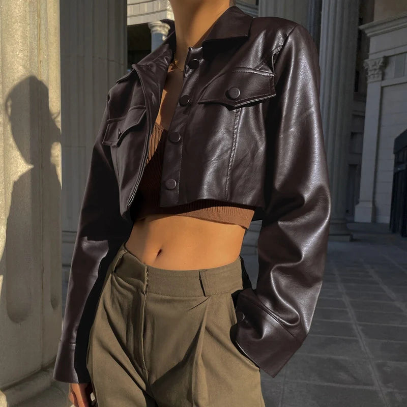 Cropped PU Leather Biker Jacket
