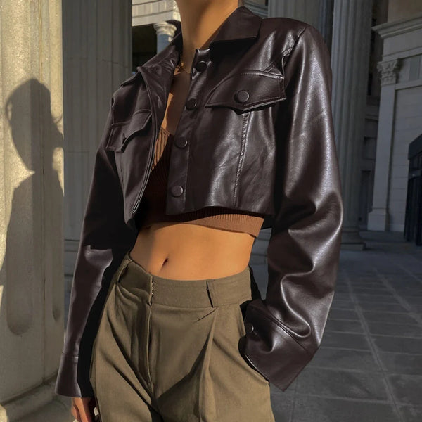 Cropped PU Leather Biker Jacket