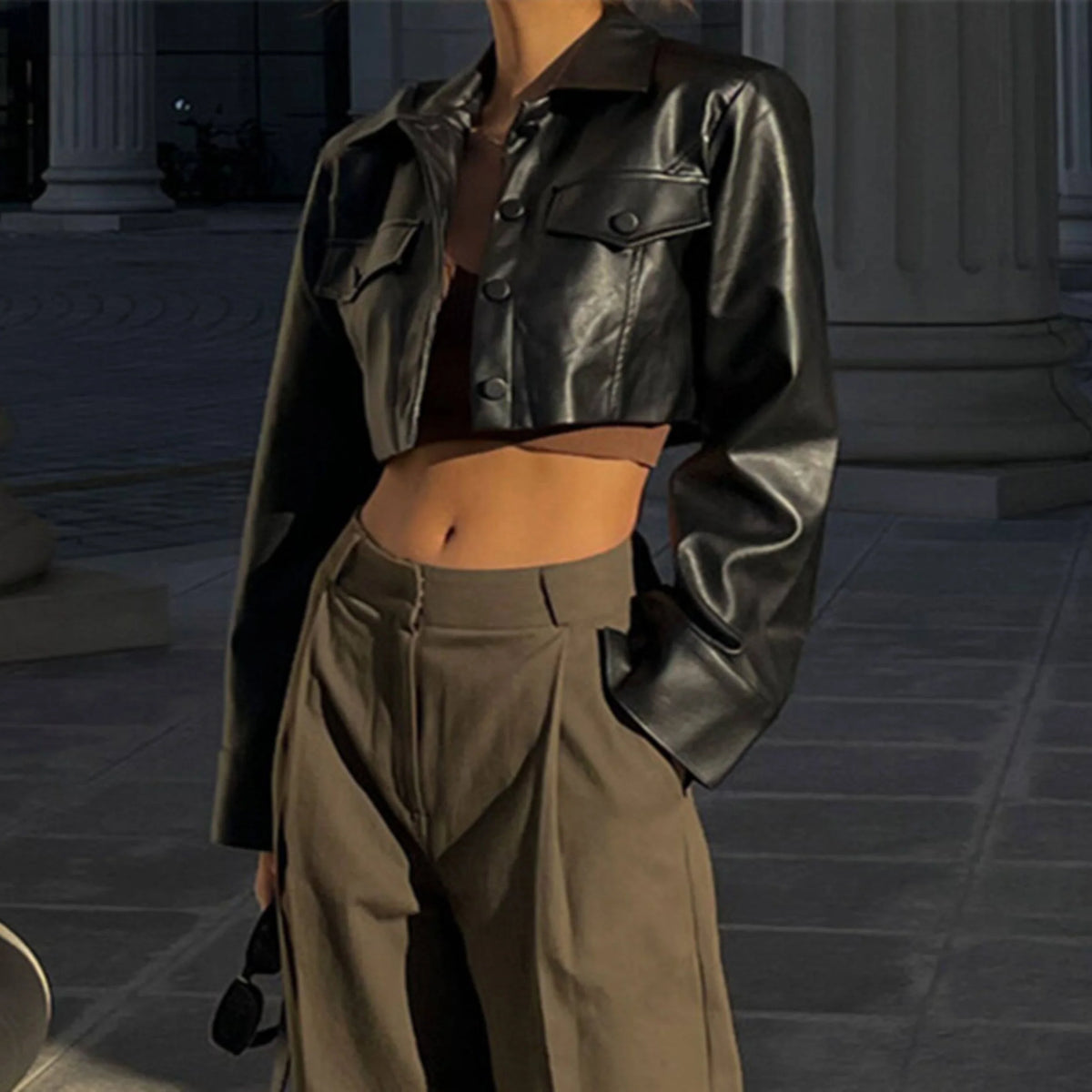 Cropped PU Leather Biker Jacket